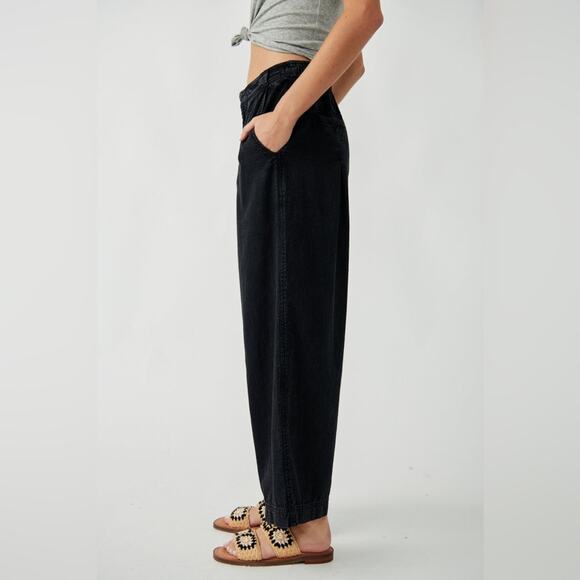Free People Lotta Love Linen Trouser Tapered Balloon Wide Leg Pants Black sz 0 - Picture 9 of 12